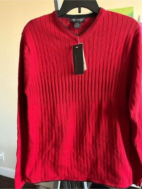 Kenneth Cole New York NWT Red 100% Cotton Ribbed V-Neck Sweater Small S